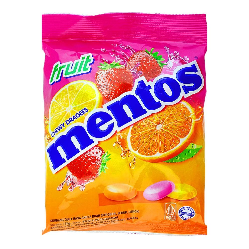 Mentos Chewy Dragees Candy Pouch With Fruits Flavor Imported - 135G