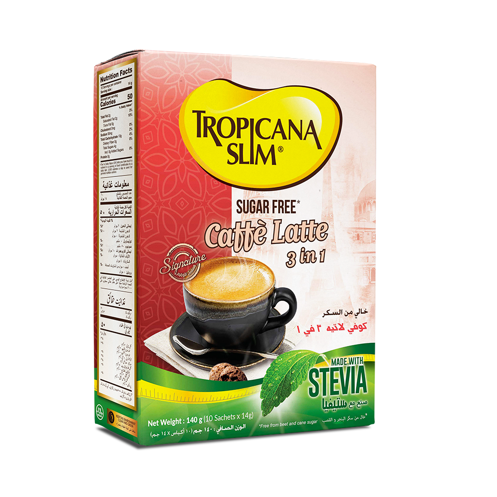 Tropicana Slim Stevia Sugar Free Caffe Latte 3in1 Coffee - (10 Sachetsx14G)